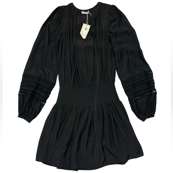 Ramy Brook Rosey Blouson Smocked Mini Dress Black Long Sleeve Tie Neck Size S - Picture 4 of 16